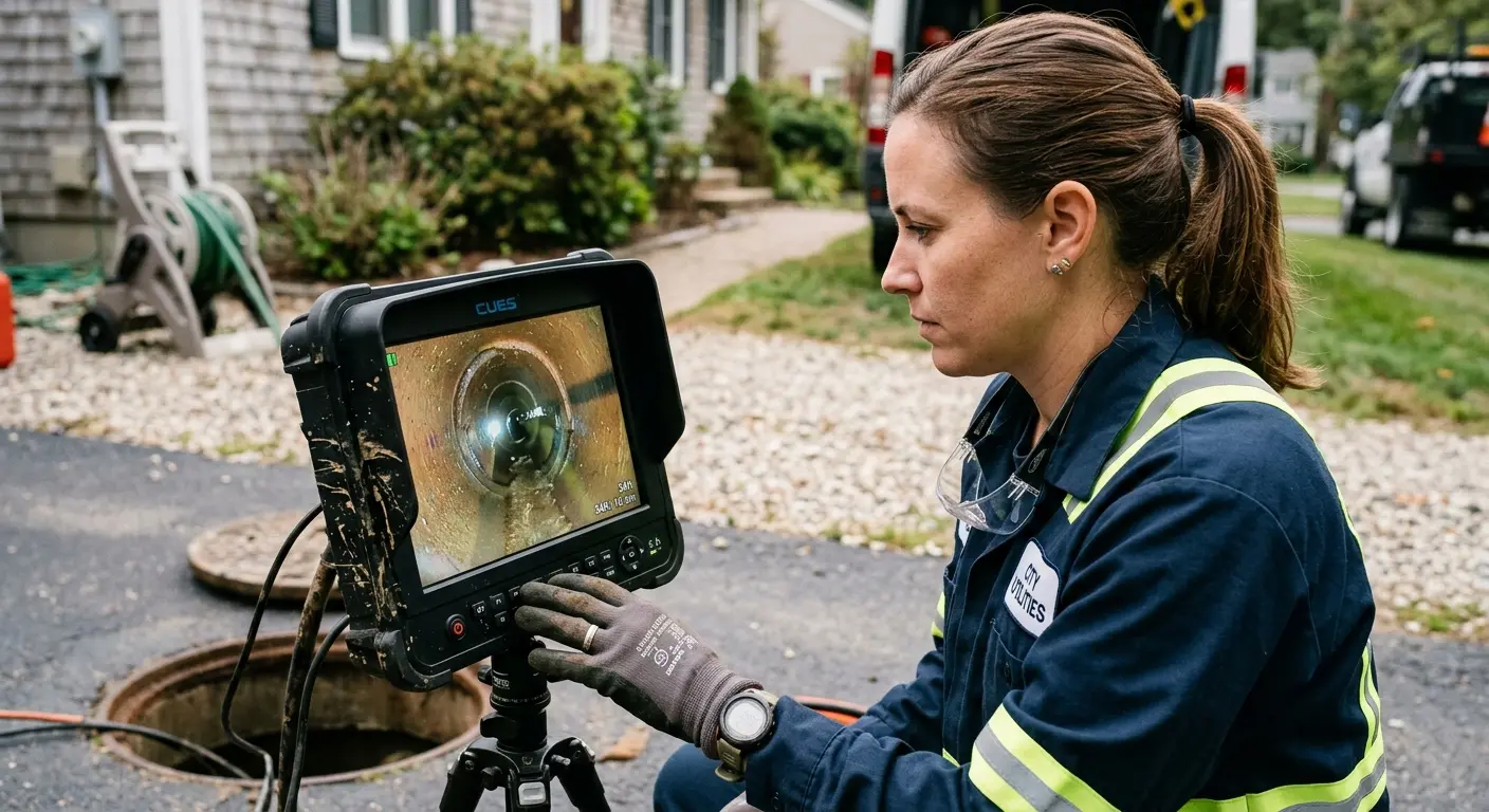 Technician reviewing sewer camera inspection footage in Eastmont