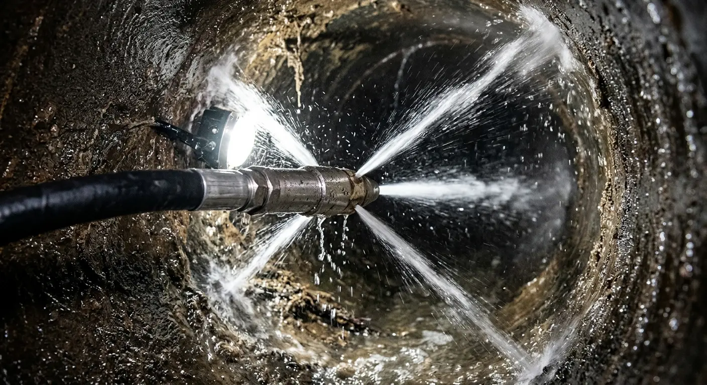 High-pressure hydro jetting nozzle cleaning sewer pipe for Emergency Drain Service in Eastmont