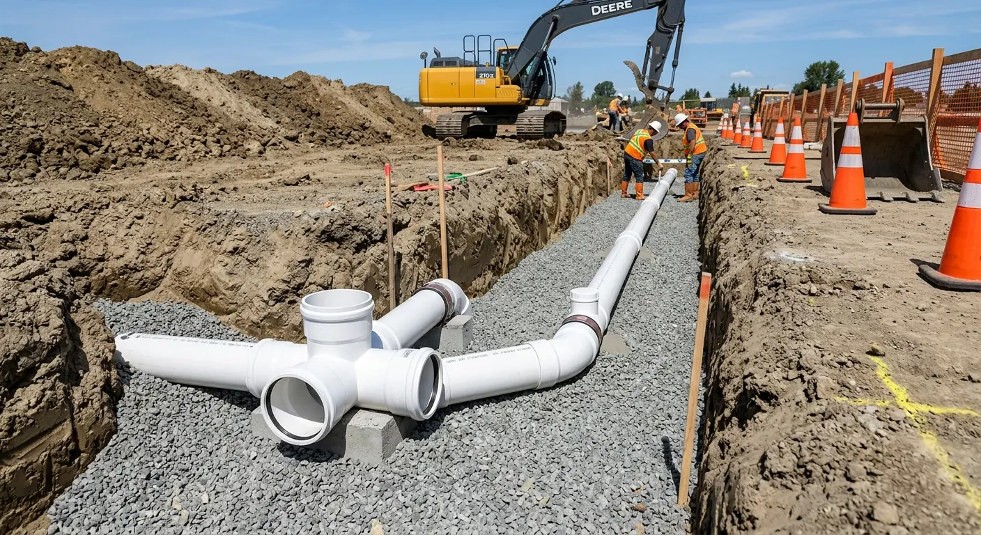New PVC sewer pipe installation in open trench for Sewer Backup in Eastmont