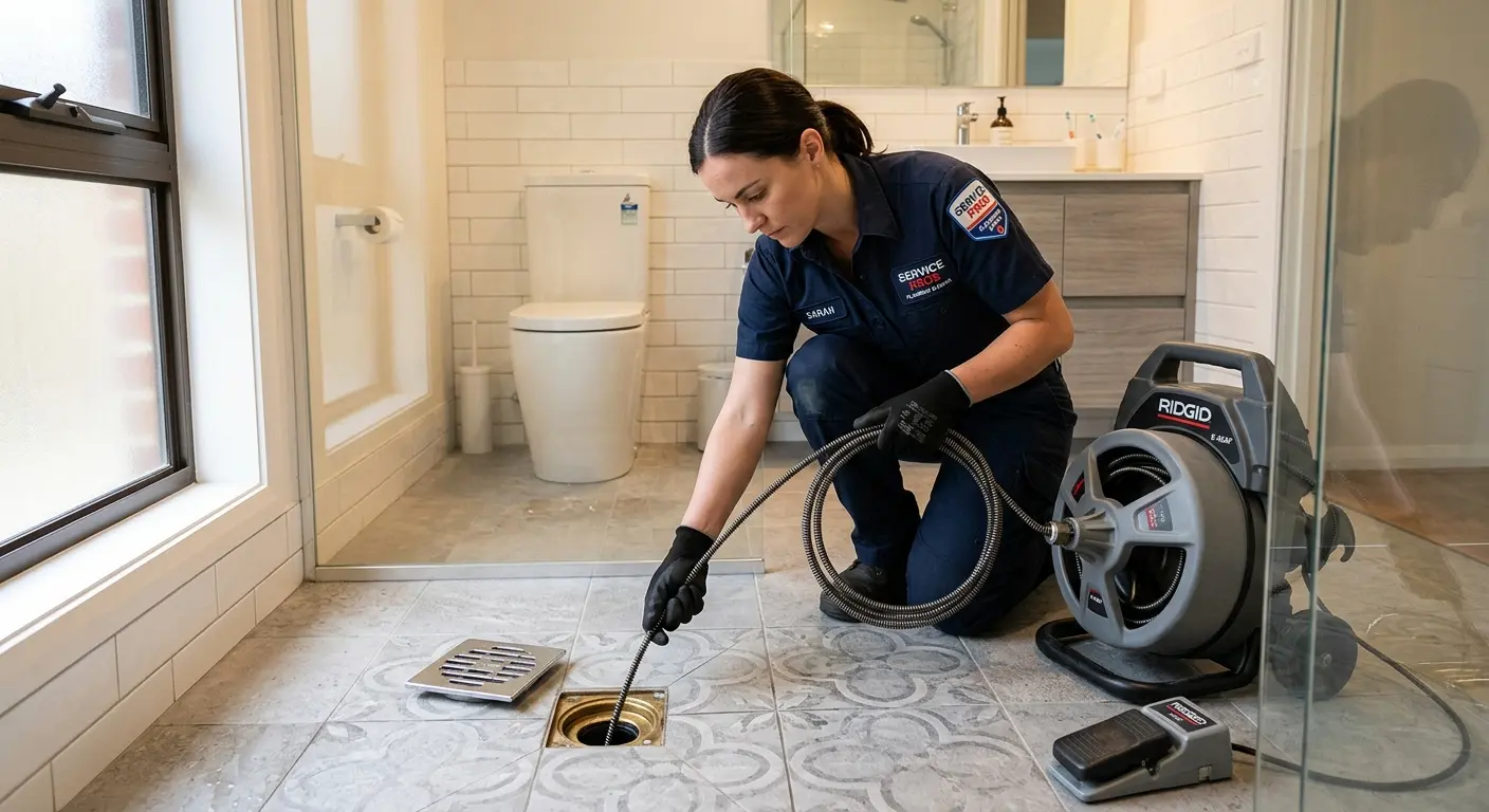 Technician clearing a bathroom floor drain for Sewer Line Replacement in Eastmont
